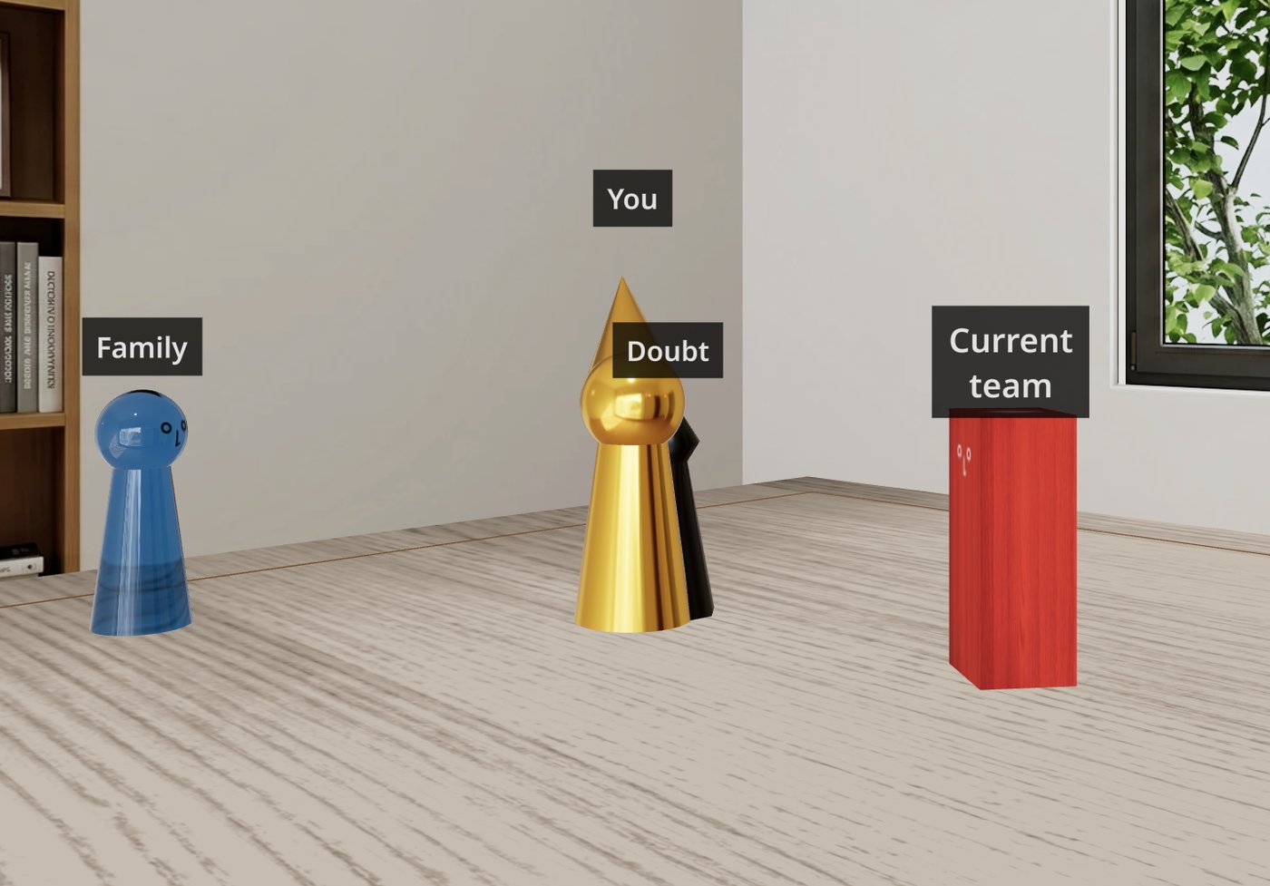 Inside view from the figure "New Role," looking out at the other figures on the board